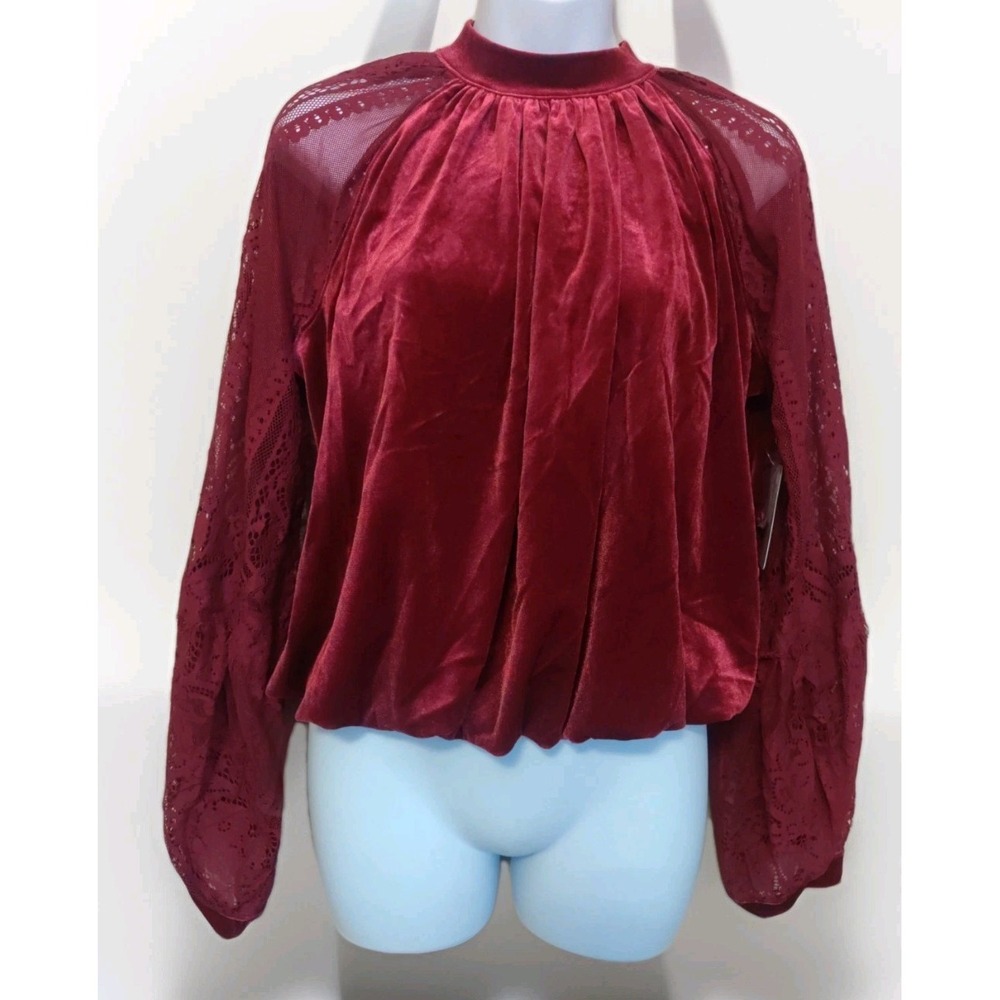 Free People Women Raspberry Red Lace Long Sleeve Velvet Top Size S New
